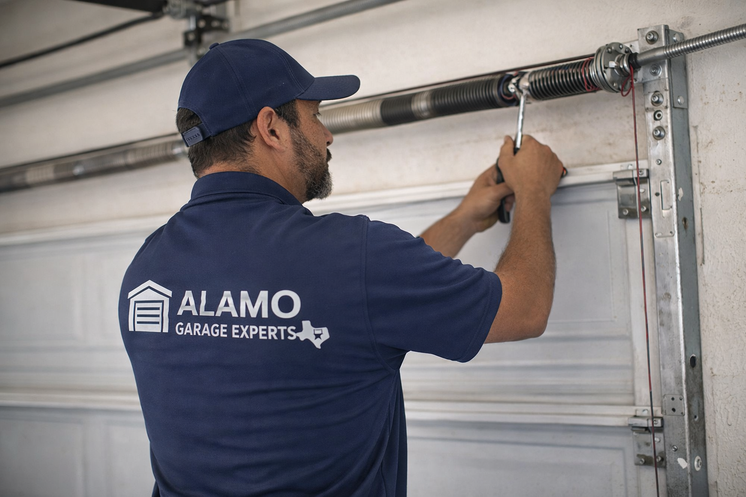 Expert garage door repairmen fixing the spring on a garage door in san antonio.